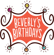 Logo of "Beverly's Birthdays" with a starburst design, surrounded by colorful dots connected by swirling lines.