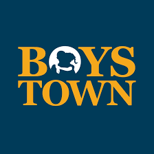 Logo of Boys Town, featuring the words "Boys Town" in yellow against a blue background, with a graphic of two boys within the letter "O".