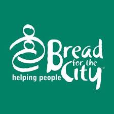 A green logo featuring an icon of two figures and the text "Bread for the City: helping people.