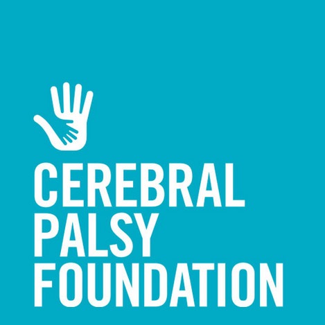 Logo of Cerebral Palsy Foundation featuring a white hand with a smaller hand inside it on a teal background with the text "Cerebral Palsy Foundation.