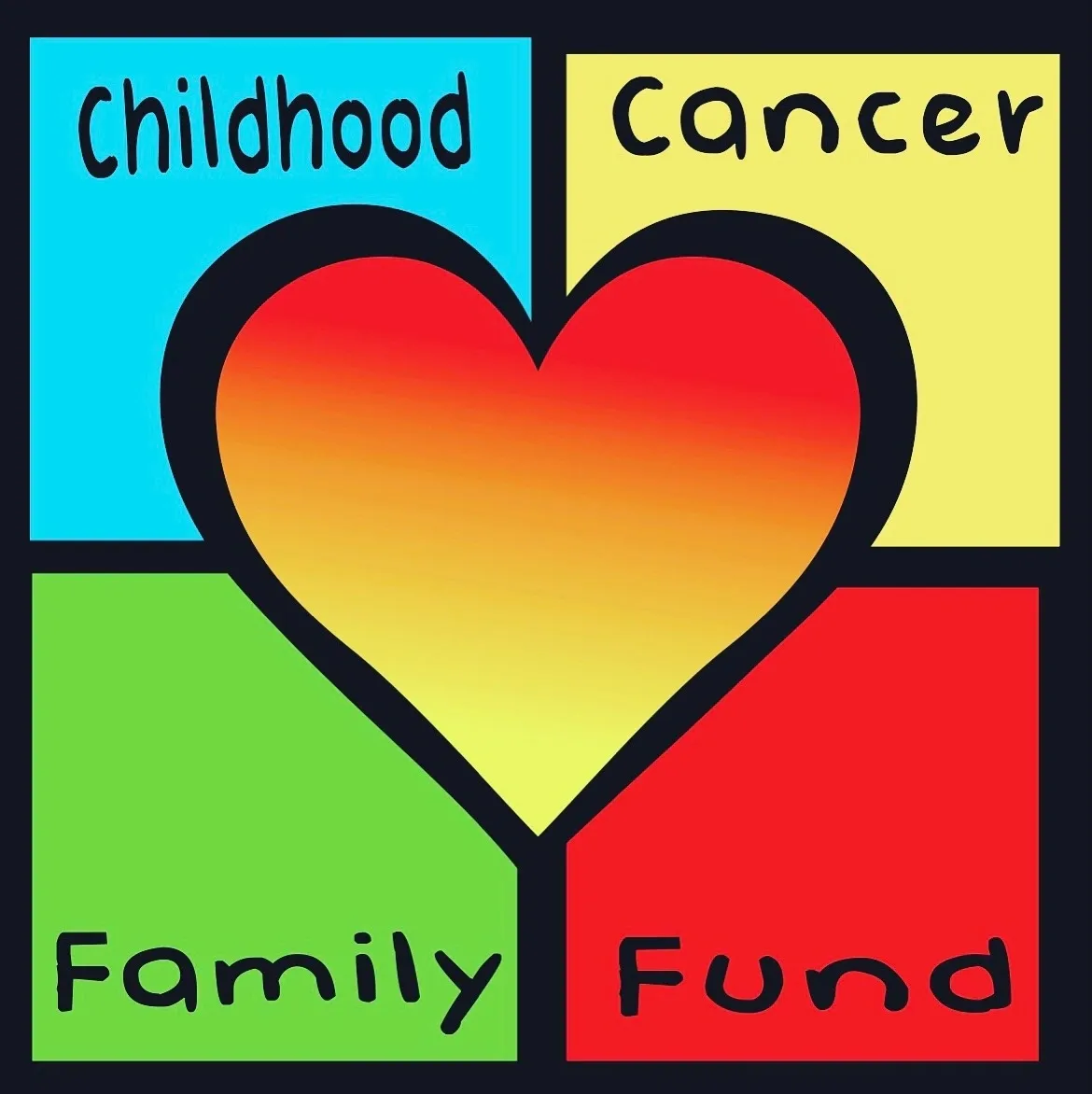 Logo for "Childhood Cancer Family Fund" showing a multicolor design with overlapping segments in blue, yellow, green, and red, centered around a gradient heart.