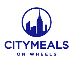 Logo of Citymeals on Wheels featuring a blue silhouette of a city skyline within a circle and the text "CITYMEALS ON WHEELS" below it.