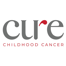The image shows the logo of CURE Childhood Cancer, with "CURE" in grey letters and "CHILDHOOD CANCER" in red below it.