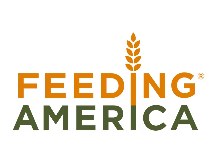 The image shows the Feeding America logo with "FEEDING" in orange and "AMERICA" in green, separated by a stylized wheat stalk.