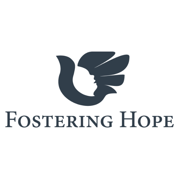 Logo of Fostering Hope featuring a stylized bird with a child's face and wings, accompanied by the text "Fostering Hope" below.
