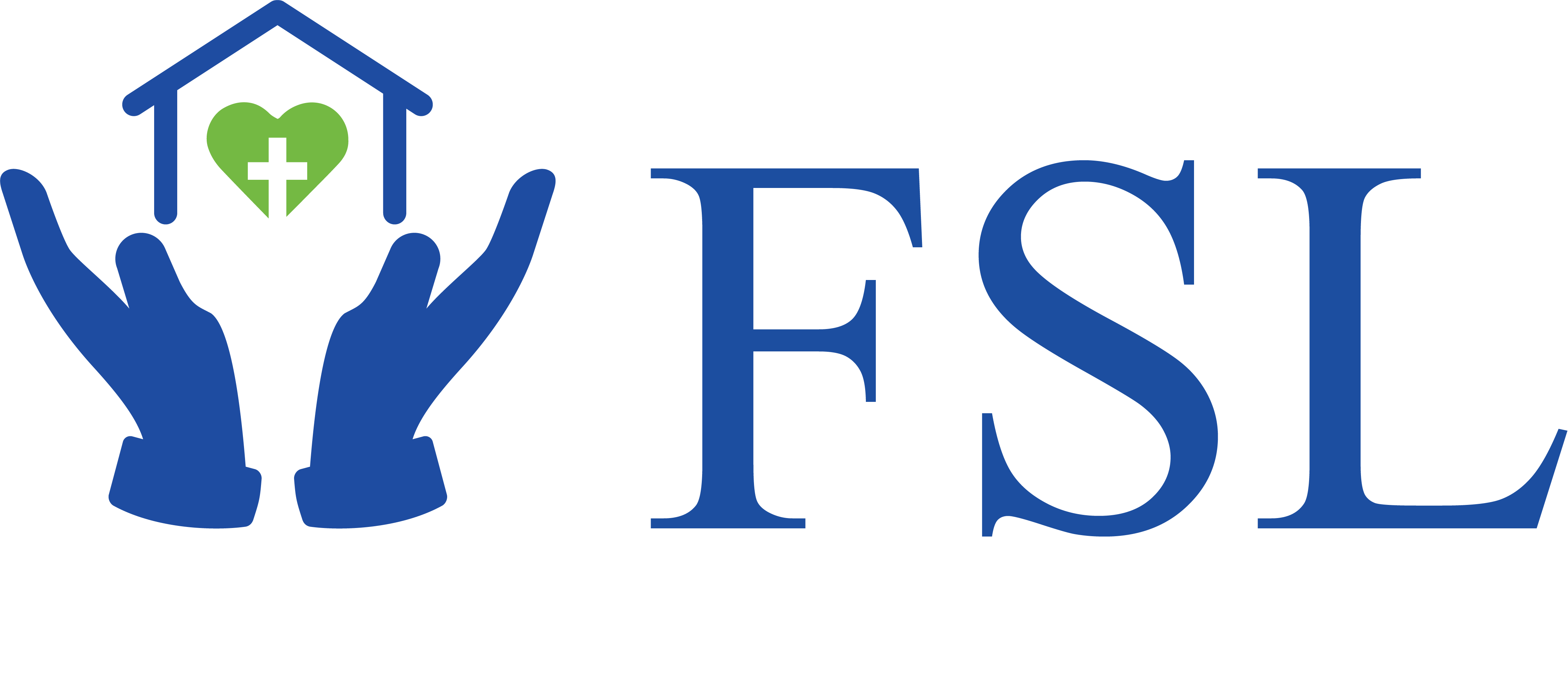 Logo features the letters "FSL" in blue, with blue hands supporting a green heart containing a white cross inside a house outline on the left.
