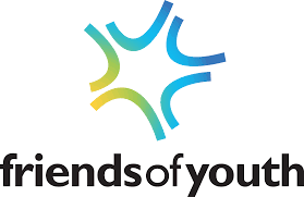Logo of Friends of Youth, featuring a colorful abstract design above the organization's name in lowercase black letters.
