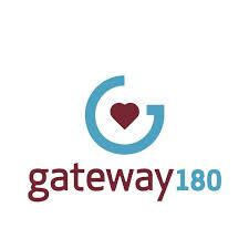 Logo of Gateway 180, featuring a blue circular arrow with a red heart in the center and the text "gateway 180" below in maroon.