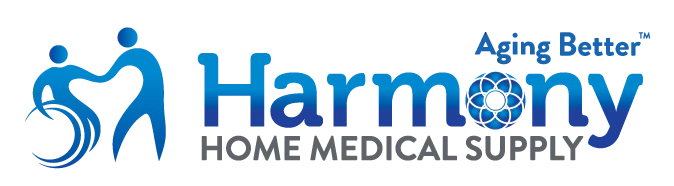 Logo for Harmony featuring a stylized wheelchair user helping another person and the text "Aging Better" above "Harmony Healthcare International.