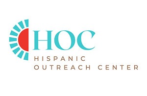 Hispanic Outreach Center logo with stylized semi-circle design in teal and red, and the text "HOC Hispanic Outreach Center" in teal and brown.
