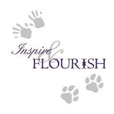 Text reads "Inspire & Flourish" with gray paw prints around.