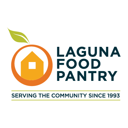 Logo of Laguna Food Pantry, featuring a house inside an orange circle with a green leaf on top. Accompanied by the text: "Laguna Food Pantry, Serving the Community Since 1993".