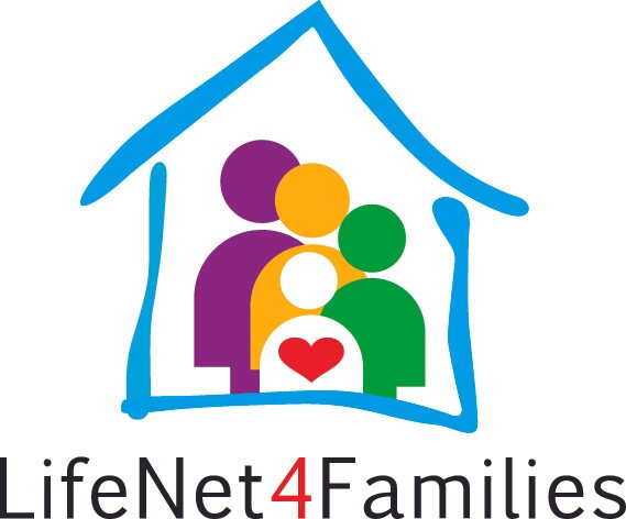 Logo of LifeNet4Families featuring a stylized house outline with four colorful abstract figures inside, representing a family. Below the image is the text "LifeNet4Families" with "4" in red.