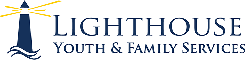 Logo of Lighthouse Youth & Family Services featuring a blue lighthouse with yellow light beams and blue waves, accompanied by the organization's name in navy text.