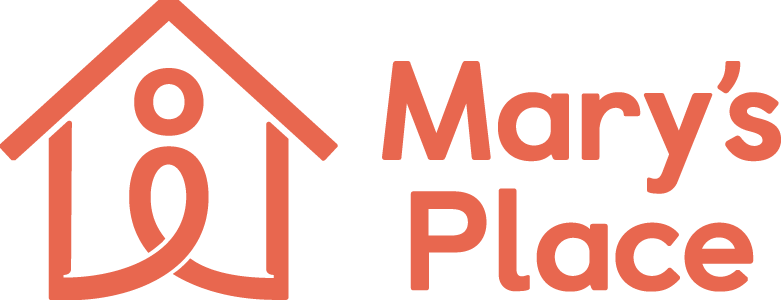 Logo for Mary's Place featuring a minimalistic design of a person inside a house icon, with the text "Mary's Place" in bold letters to the right.