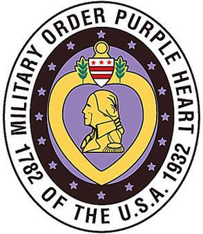 The image depicts the emblem of the Military Order of the Purple Heart, featuring a purple heart with a bust of George Washington in the center, surrounded by the organization's name and the year 1782.