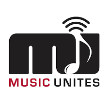 The image shows the "Music Unites" logo with the initials "MU" in black, and "Music Unites" written beneath. The "U" is stylized as a musical note with sound waves above it.