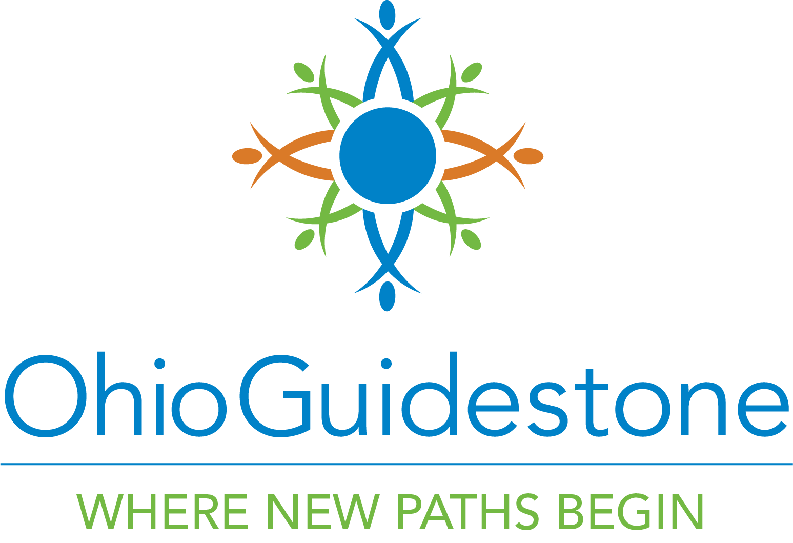 OhioGuidestone logo featuring a stylized sun-like graphic with blue, green, and orange elements, followed by the text "OhioGuidestone" in blue, and the tagline "WHERE NEW PATHS BEGIN" in green.