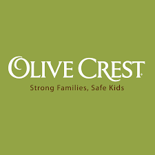 Olive Crest logo with the slogan 'Strong Families, Safe Kids' on a green background.
