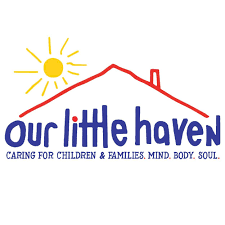 Logo of "Our Little Haven," featuring a red outline of a house with a chimney, a yellow sun above, and the tagline "Caring for Children & Families. Mind. Body. Soul.