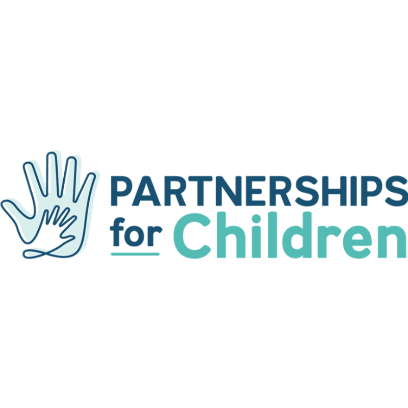 Logo of Partnerships for Children with a large blue hand and a smaller hand drawn inside it, next to text that reads "Partnerships for Children" in blue and light teal.
