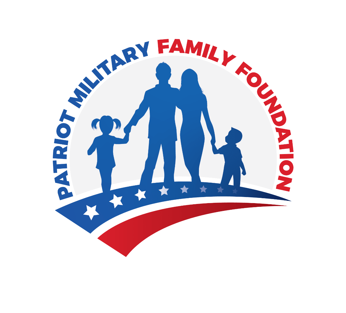 Logo of the Patriot Military Family Foundation showing a family of four holding hands, with a red, white, and blue color scheme and stars beneath them.