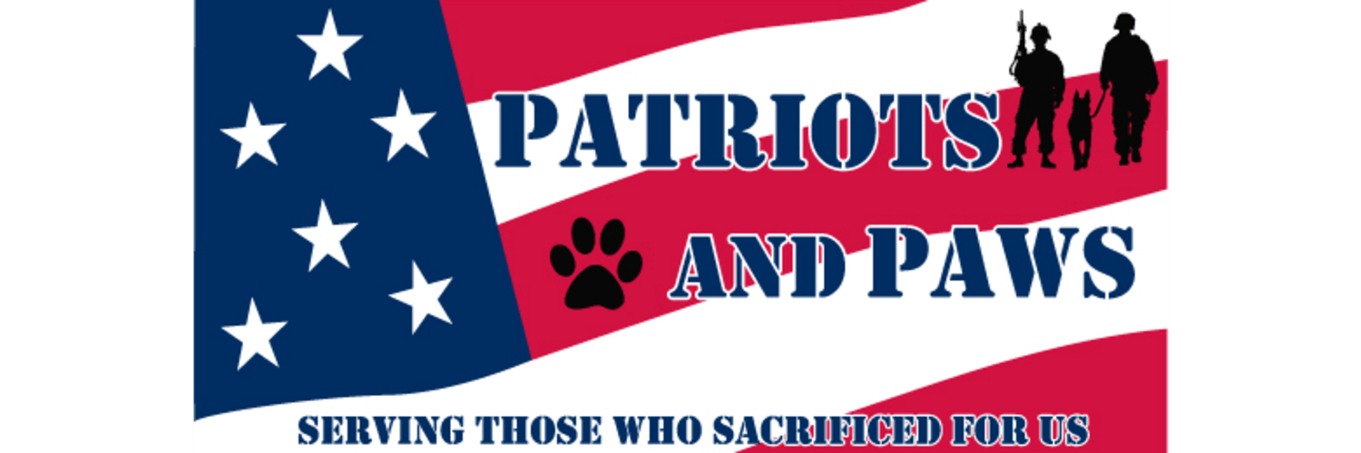 Patriots and Paws logo features American flag design, soldiers' silhouettes, and paw print, with the text "SERVING THOSE WHO SACRIFICED FOR US.