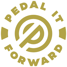 A logo featuring the words "Pedal It Forward" in a circular arrangement with a stylized 'P' at the center. The text and design are in gold color.