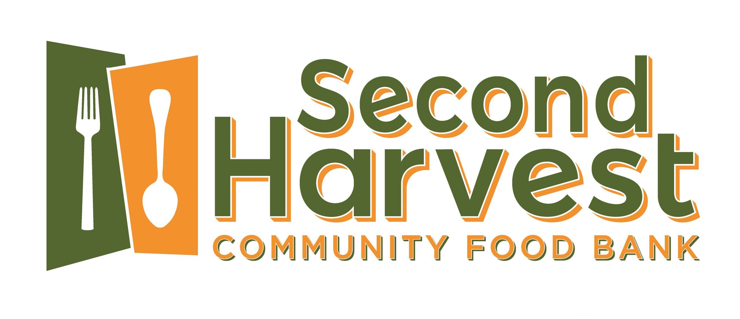 Logo for Second Harvest Community Food Bank featuring an open door with a fork and spoon inside. Text reads "Second Harvest Community Food Bank" in orange and green.