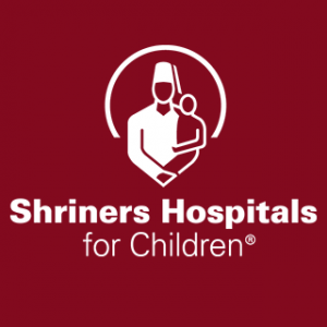 Logo of Shriners Hospitals for Children featuring a stylized figure holding a child, with text beneath it on a red background.