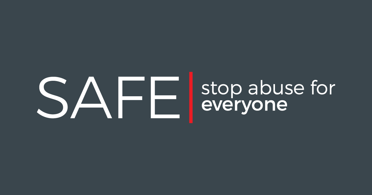 Dark grey background with white text that reads "SAFE" in large letters followed by "stop abuse for everyone" in smaller letters. A red vertical line separates "SAFE" and the additional text.