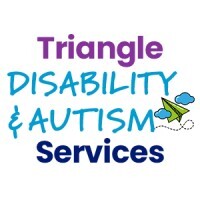 Logo for Triangle Disability & Autism Services, featuring the organization's name in multicolored text with a green paper airplane and two small clouds.
