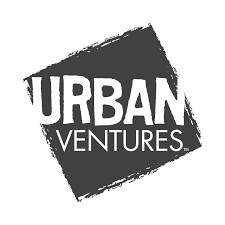 Urban Ventures logo with white text on a black, square-shaped brush stroke background.