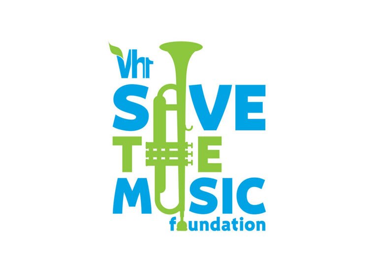 Logo for VH1 Save the Music Foundation featuring a green trumpet integrated with blue and green text on a white background.