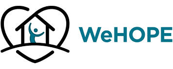 Simple line art of a house with an open door, a stick figure person inside, and a heart shape around it. The text "WeHOPE" is written to the right of the illustration.