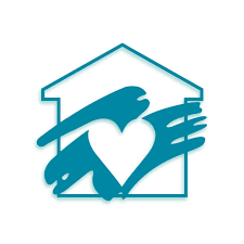 A blue house outline with a stylized heart and two hands inside, symbolizing care and support.