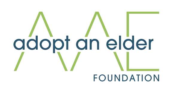 Logo of Adopt an Elder Foundation with stylized green "A's" and the text "adopt an elder" in dark blue centered between them, and "FOUNDATION" written in smaller letters below.
