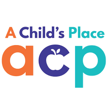 Logo of "A Child's Place" with the acronym "ACP" in orange, blue, and teal letters, featuring an apple icon inside the "C".